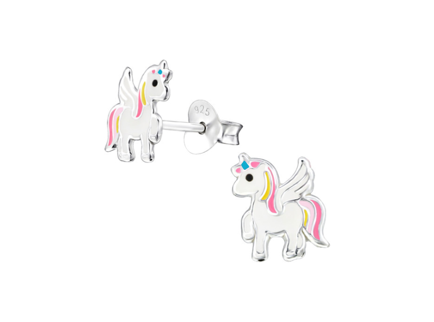 Children's Earrings:  Sterling Silver Pink/Yellow Unicorns Earrings