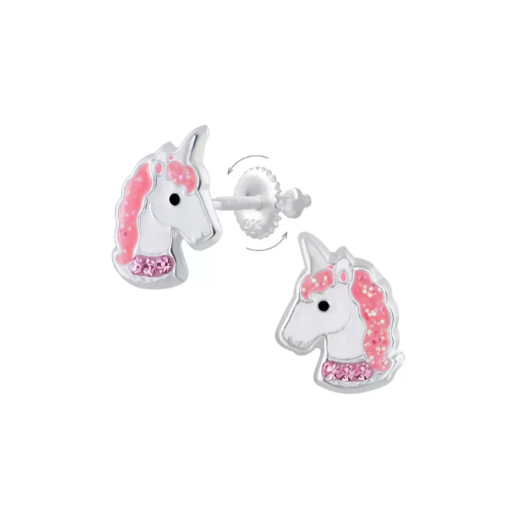 Children's Earrings:  Sterling Silver Unicorn Head Screw Back Earrings - Pink and White Glitter Enamel