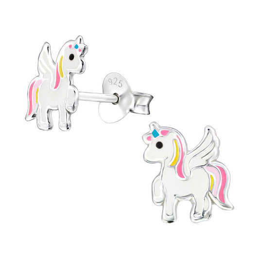 Children's Earrings:  Sterling Silver Pink/Yellow Unicorns Earrings