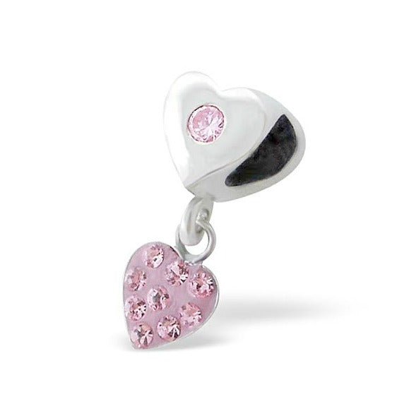 Children's European Beads:  Sterling Silver Heart with Pink CZ and Hanging Crystal Heart