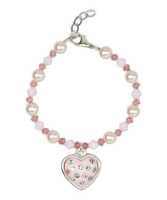 Children's  Bracelets:  Sterling Silver, Pink Swarovski Pearls and Crystals with Puffed Heart Encrusted with Crystals