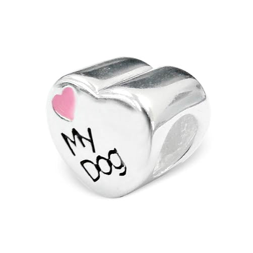 Children's European Beads:  Sterling Silver "My Dog" Heart Bead with Pink Heart