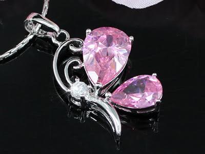 Children's Necklaces:  White Gold Plated Children's Pink AAA CZ Butterfly Necklaces