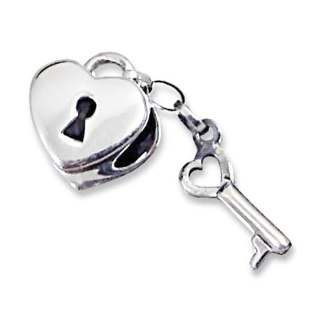 Children's European Beads:  Sterling Silver Heart Lock and Key Beads