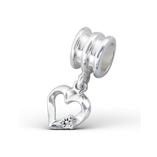 Children's European Beads:  Sterling Silver Hanging Heart with CZ