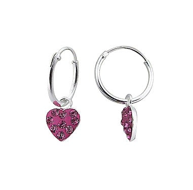 Children's Earrings:  Sterling Silver Sleepers or Hoops with Rose Crystal Hearts