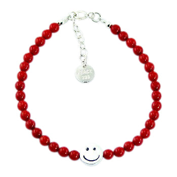 Children's and teens' Bracelets:  Sterling Silver, Red Coral Ball Bracelets with Smiley Face