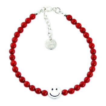 Children's and teens' Bracelets:  Sterling Silver, Red Coral Ball Bracelets with Smiley Face