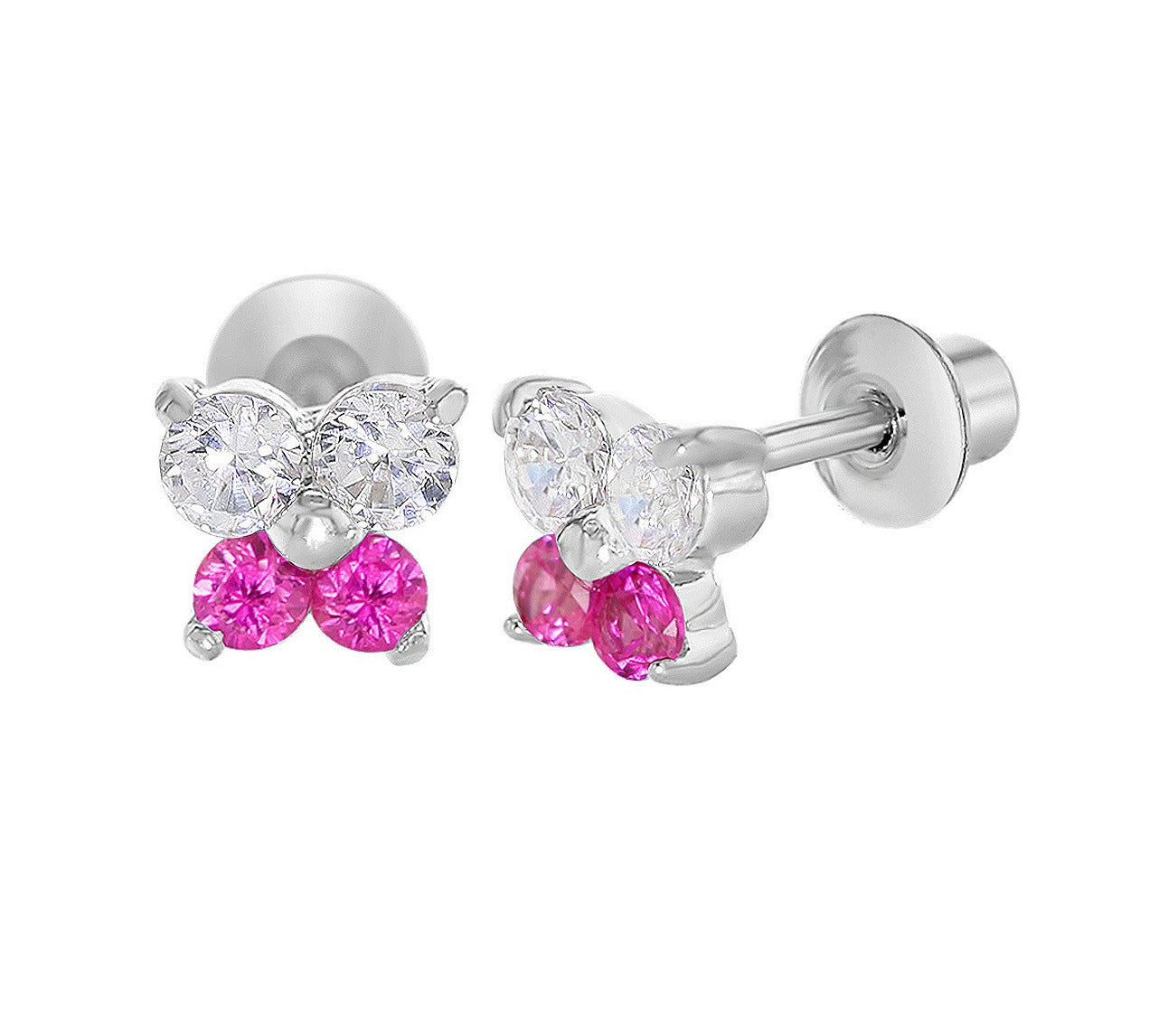 Baby and Children's Earrings:  18k White Gold Filled, White and Pink CZ Butterflies with Screw Backs