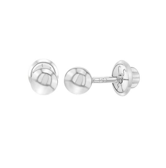 Baby Earrings:  14k White Gold Ball Stud Screw Back Earrings 4mm with Gift Box.
