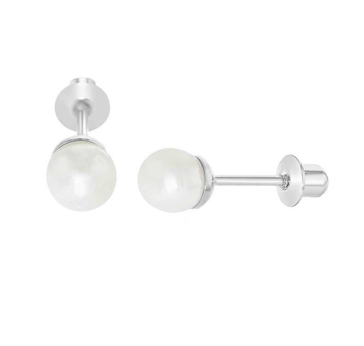 Baby and Children's Earrings:  Sterling Silver White Pearl Safety Screw Backs 4mm