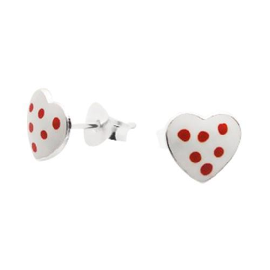 Children's Earrings:  Sterling Silver White Hearts with Red Dots Earrings