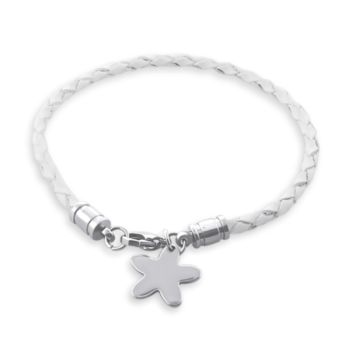 Children's Bracelets:  Surgical Steel and White, Woven Leather with Charm
