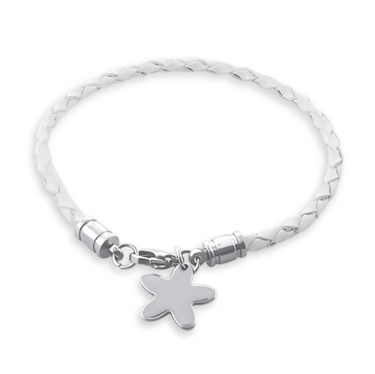 Children's Bracelets:  Surgical Steel and White, Woven Leather with Charm