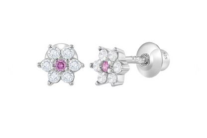 A pair of sterling silver children's earrings featuring a flower design with white and pink cubic zirconia.