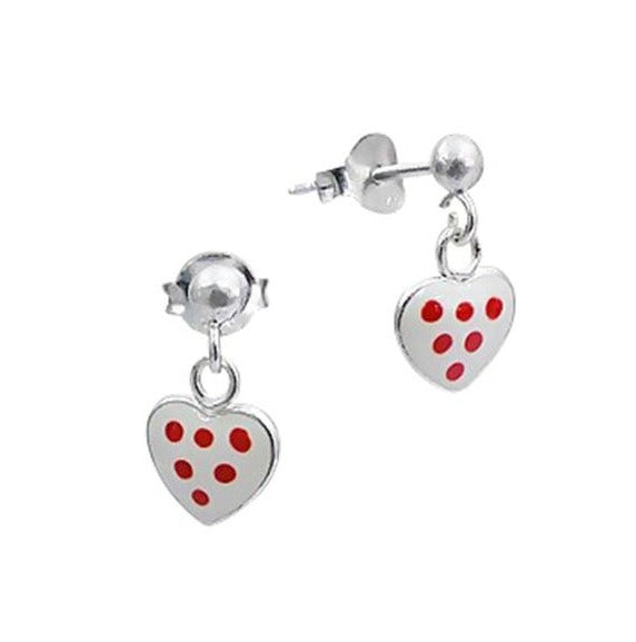Children's Earrings:  Sterling Silver, White Dangly Hearts With Red Dots