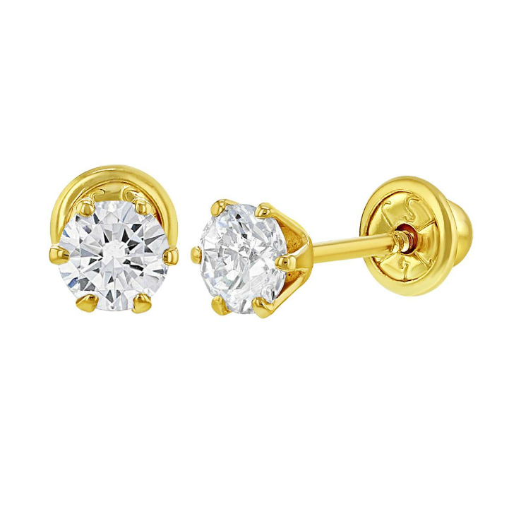Baby and Children's Earrings:  14k Gold Clear, 6 Prong, 4mm Solitaire CZ Screw Backs with Gift Box