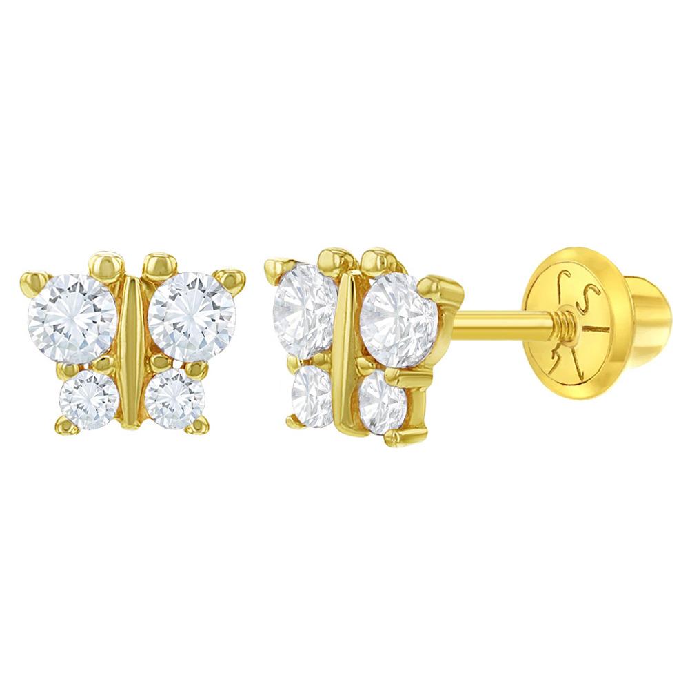 Baby and Children's Earrings:  14k Gold AAA Clear CZ Butterflies with Screw Backs with Gift Box