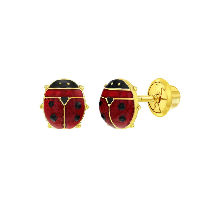 Baby and Children's Earrings:  14k Gold Enamelled Ladybugs with Screw Backs and Gift Box