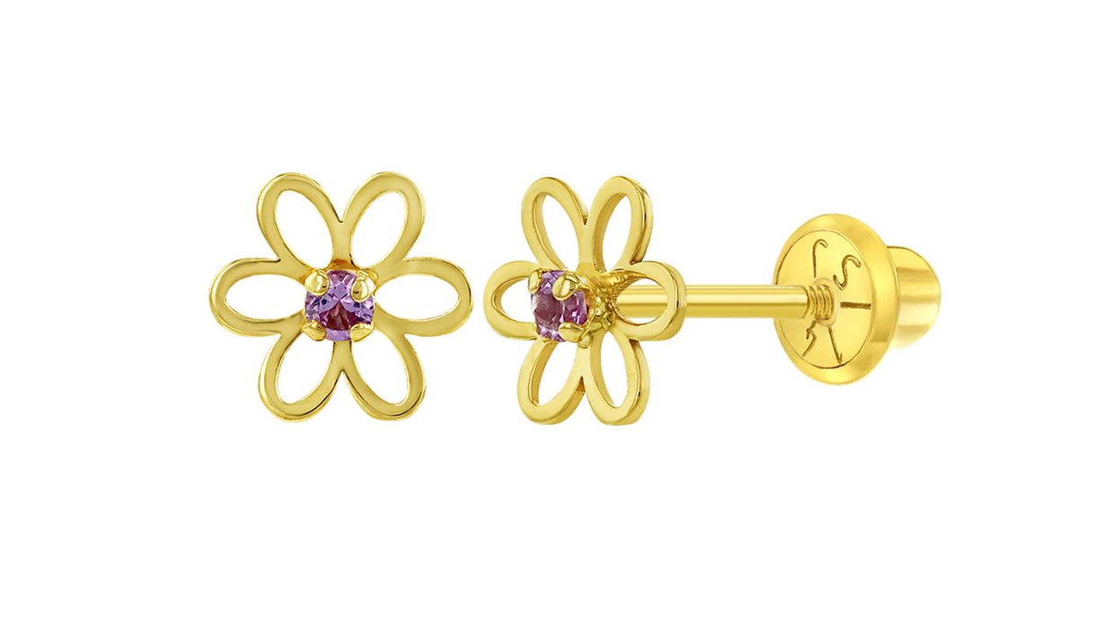 Baby and Children's Earrings:  14k Gold Open Flower with Pink CZ Screw Back Earrings with Gift Box